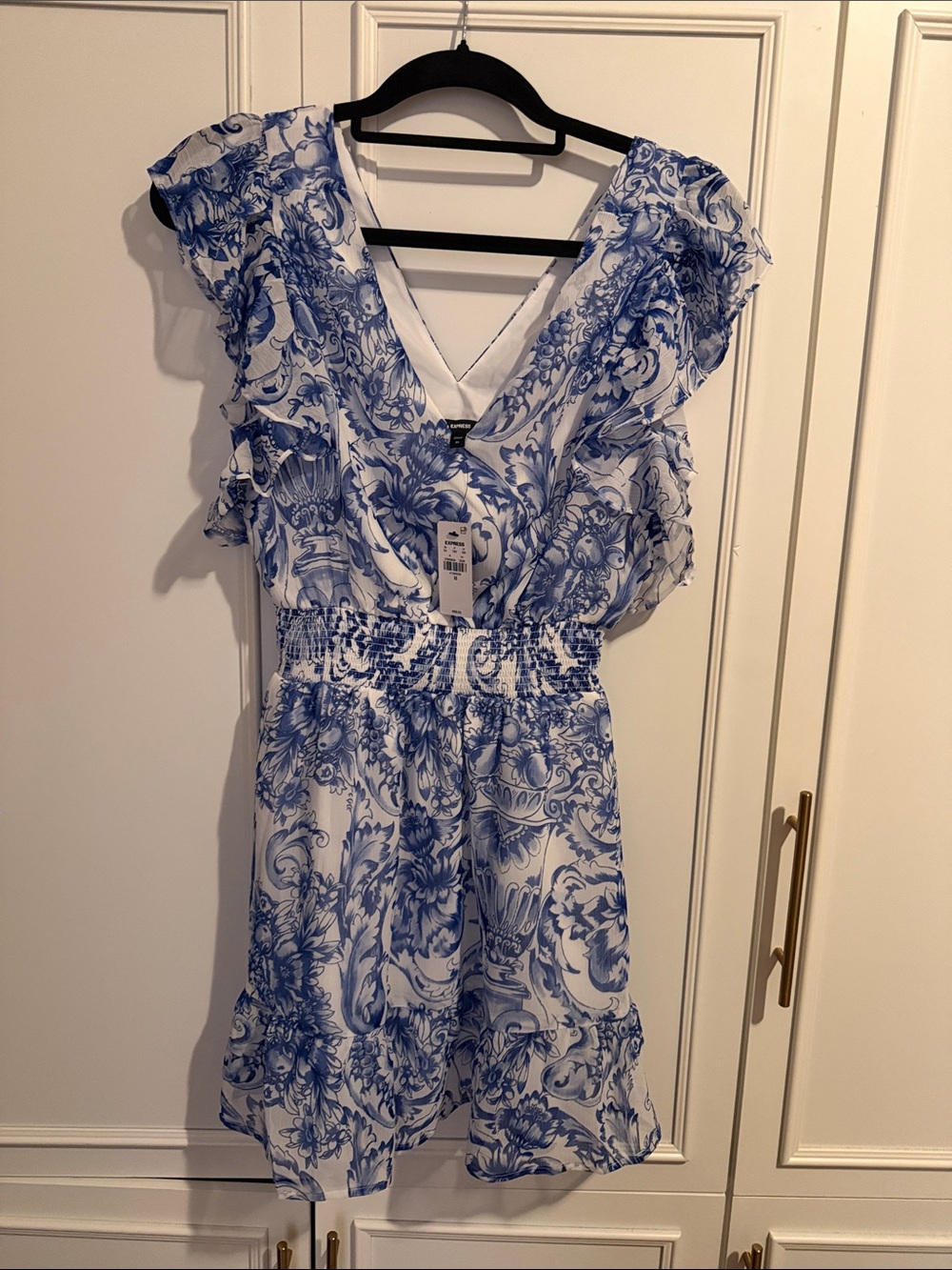 #14- $10 Express White and Blue Floral V-Neck Mini Dress